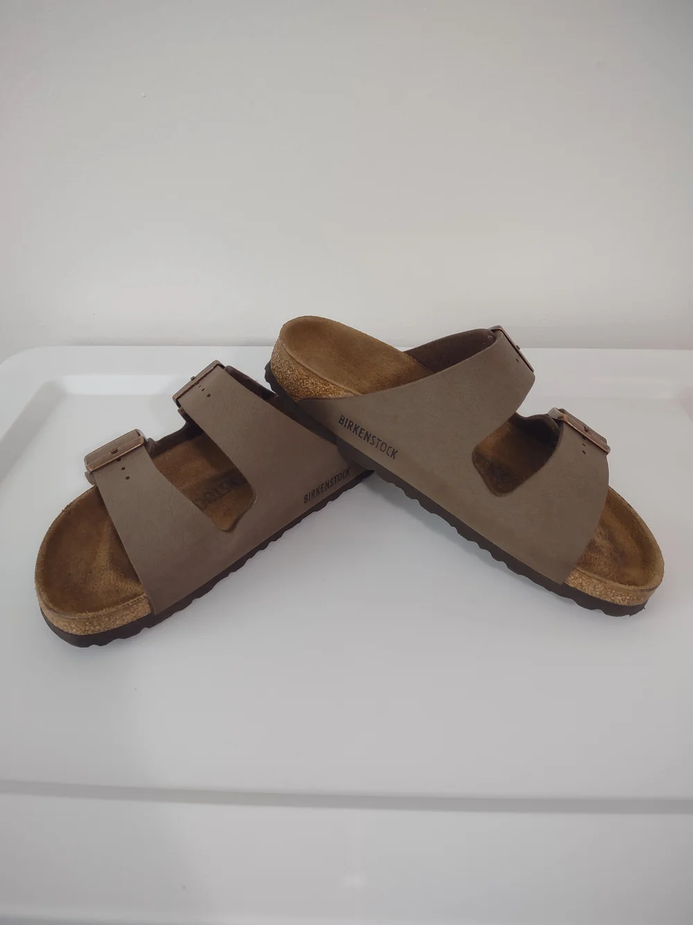 Birkenstock Double-Strap Sandals in Taupe with Rose Gold Buckles 38 Regular